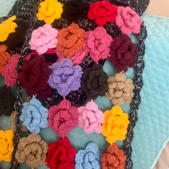 Anthropologie Accessories - Anthro Rose Crocheted Flowers Knit Scarf with Pom Poms